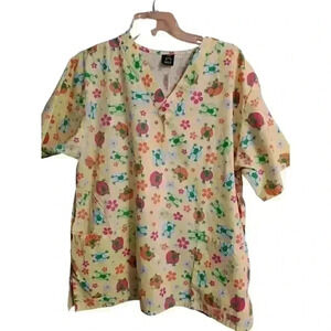 BARCO Uniforms Women's Scrub Top Yellow Pink‎ Floral Frogs V Neck Pocket
